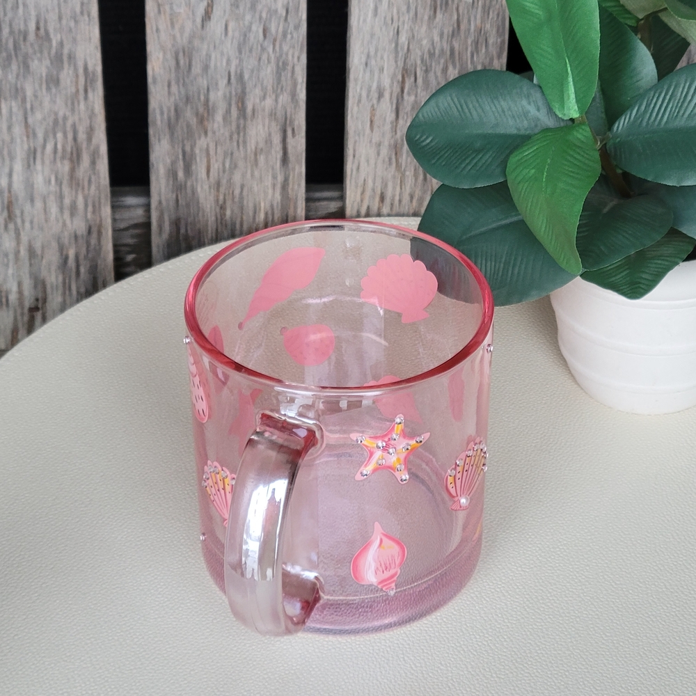 Seashells & Rhinestones Handpainted Pink Transparent Glass Mug - Picture 6 of 11